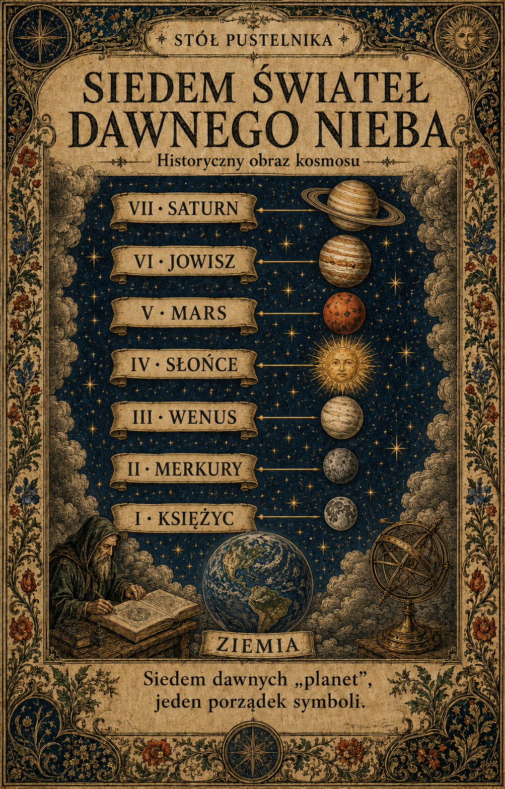 Siedem kolejnych rzędów: Saturn, Jowisz, Mars, Słońce, Wenus, Merkury i Księżyc; osobno Ziemia.